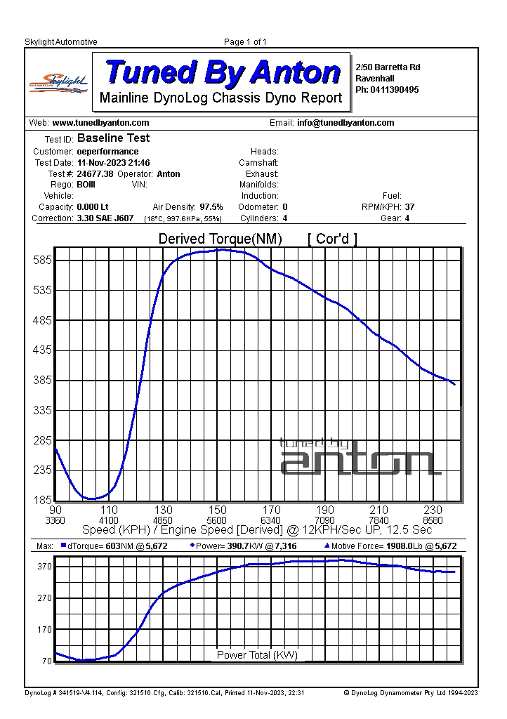 Original dyno report sheet for the Mitsubishi Evo 7