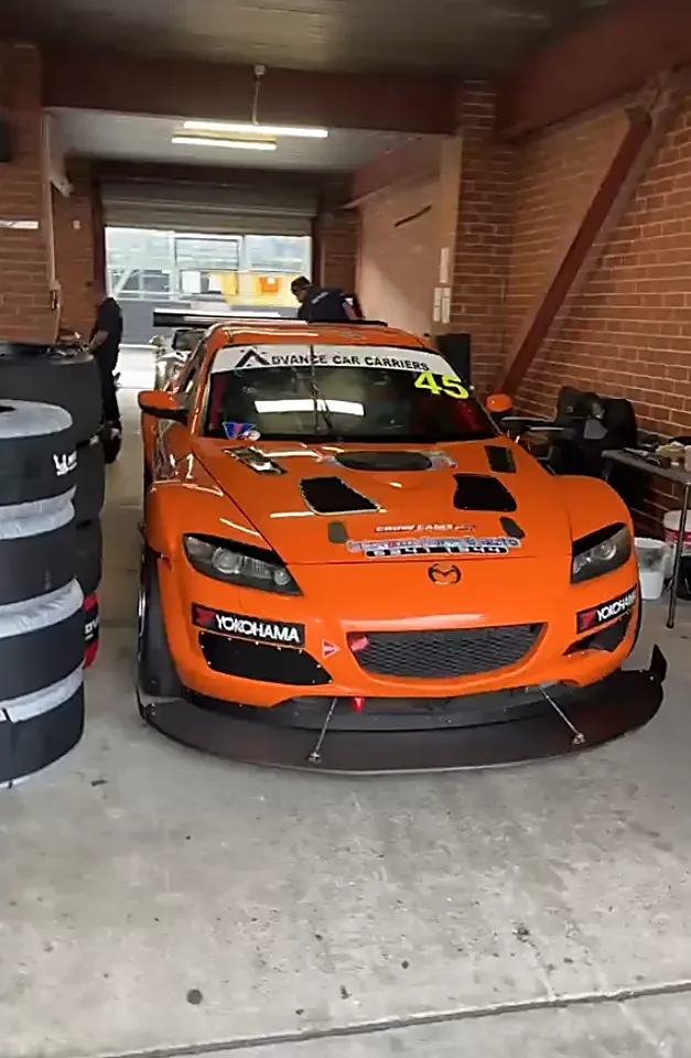Orange #45 Mazda RX-8 speedway car, engine-swapped with a 6.0L LS V8
